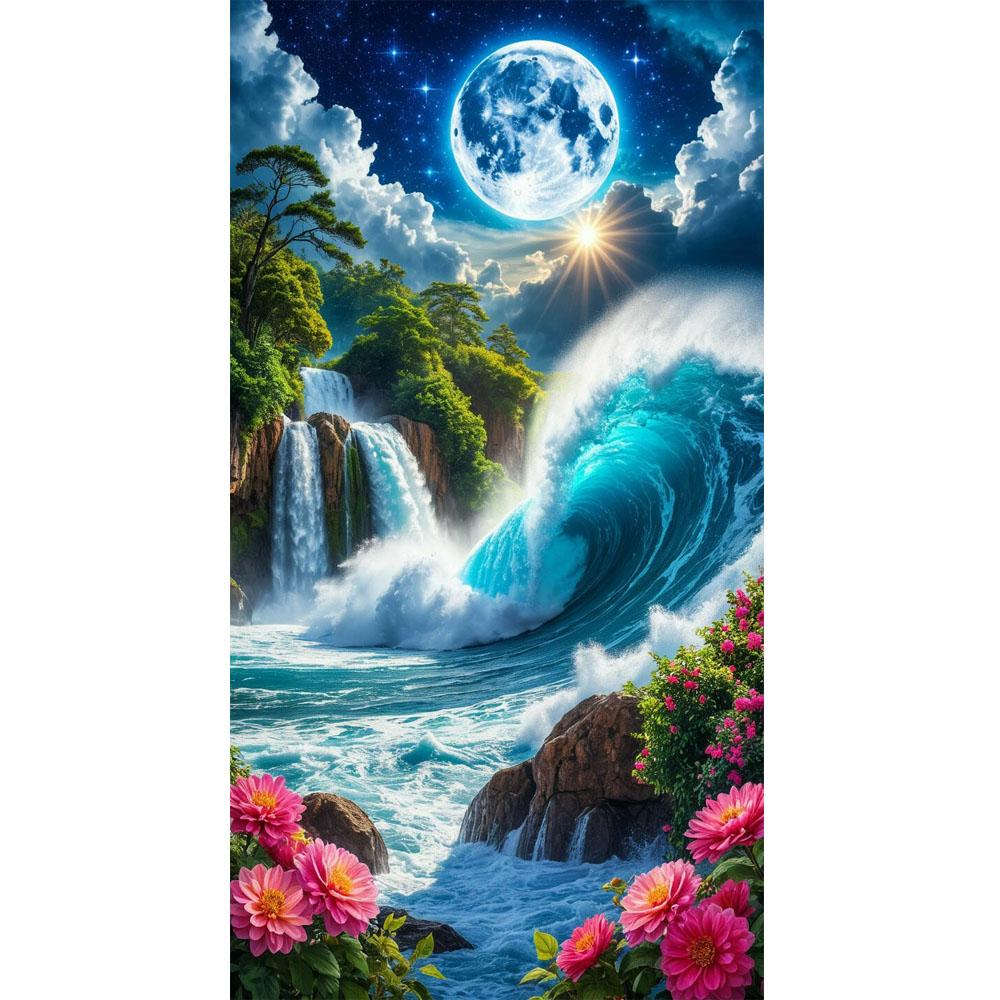Large Size Mosaic DIY Full Diamond Painting Kits Art Beautiful Waves and Moon Embroidery Cross Stitch Rhinestones