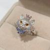 Cute Cat Ring with Personalized Design, Diamond-Embedded Crown and Bow, Open-Back Finger Ring, High-End Style Accessory