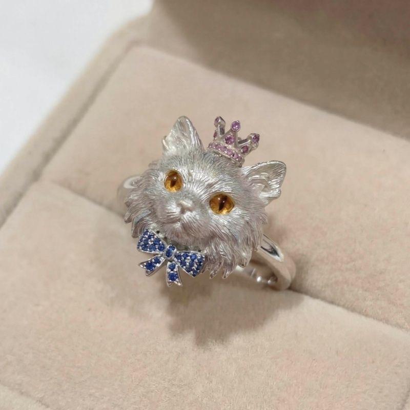 Cute Cat Ring with Personalized Design, Diamond-Embedded Crown and Bow, Open-Back Finger Ring, High-End Style Accessory