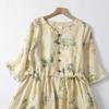 Five Quarter Sleeve Printed Waist Cinching Temperament Long Cotton and Linen Women's Dress