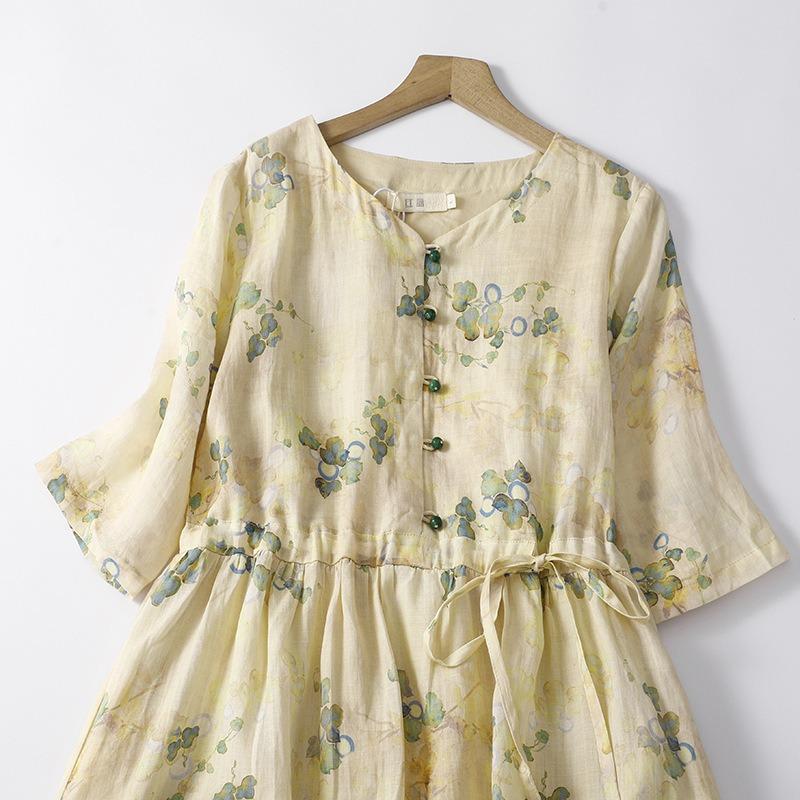 Five Quarter Sleeve Printed Waist Cinching Temperament Long Cotton and Linen Women's Dress