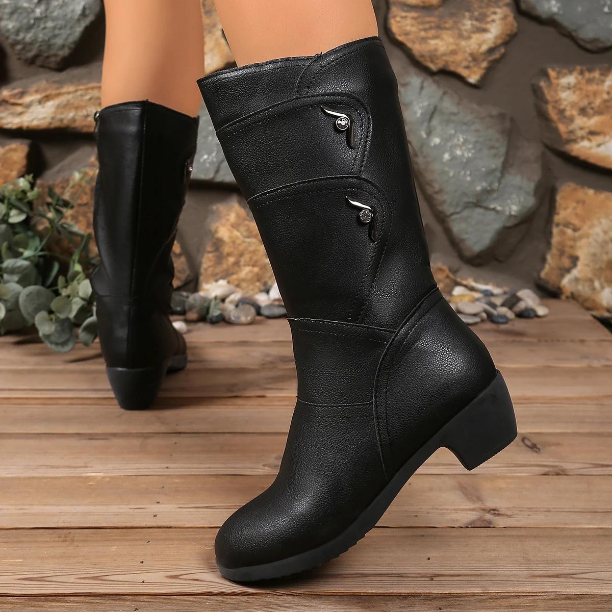

New Winter Elegant Fashion Chunky Mid-Calf Boots Round Head Sexy Comfortable Side Zipper Fashion Women S Knight Boots 42
