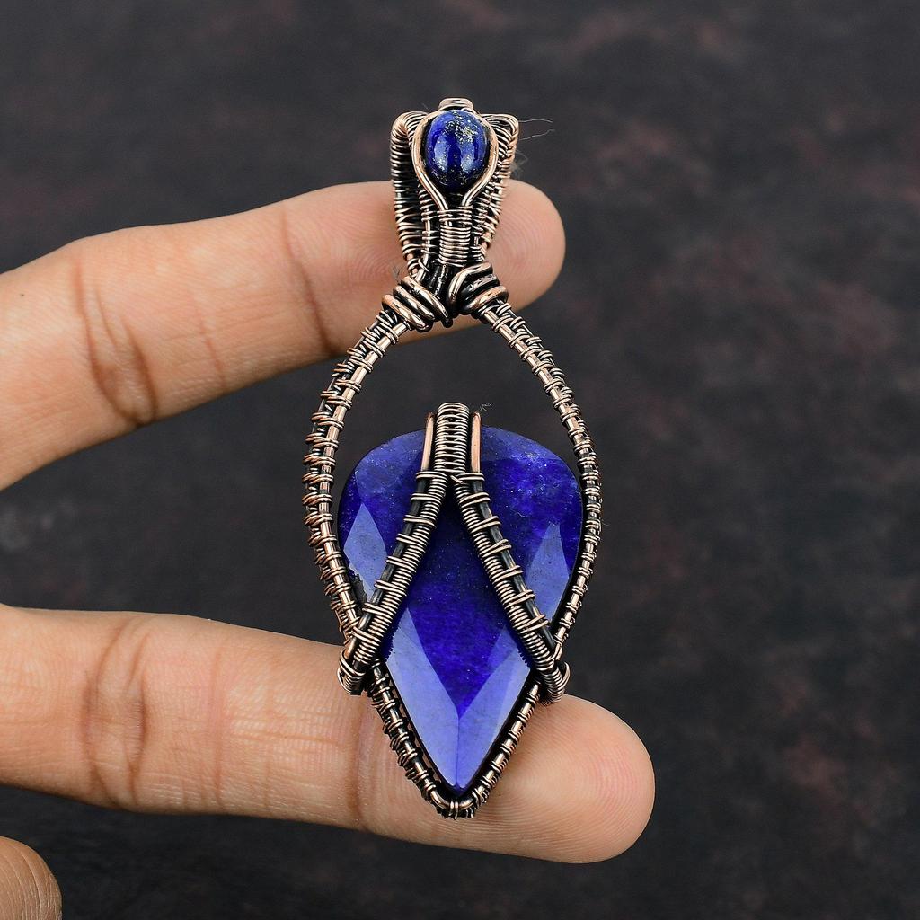 Faceted Blue Sapphire Pendant Copper Wire Wrapped Pendant Lapis Lazuli Gemstone Pendant Antique Copper Jewelry Handmade Jewelry Gift For Him