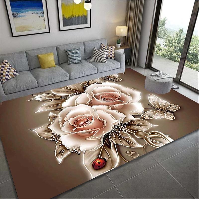 Romantic 3D Floral Pattern Carpet Home Bedroom Floor Decor Big Size Mat Non-slip Coffee Table Area Rug Bathroom Washable Doormat