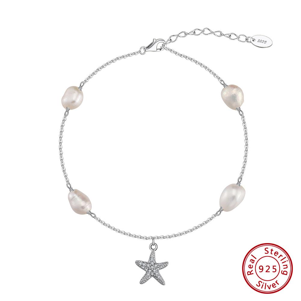 ORSA JEWELS Natural Freshwater Pearl and Starfish 925 Silver Chain Ankelt for Women Summer Holiday Anklets Jewelry SA74