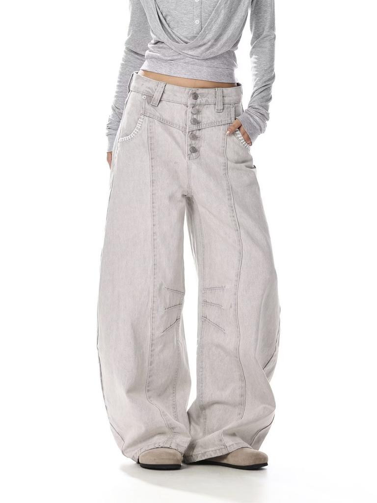 Unisex High Waist Barrel Jeans Loose Fit Streetwear Wide Leg Jeans Vintage American Zip Fly Stretch Denim Trousers