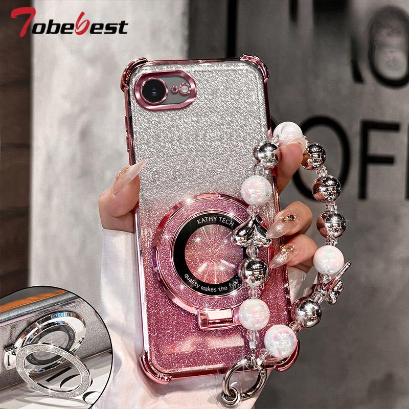 Shockproof Glitter Plating Case For iPhone 16E 2025 16 15 14 Plus 13 12 11 Pro Max Fundas Magsafe Bracket Bead Bracelet Cover