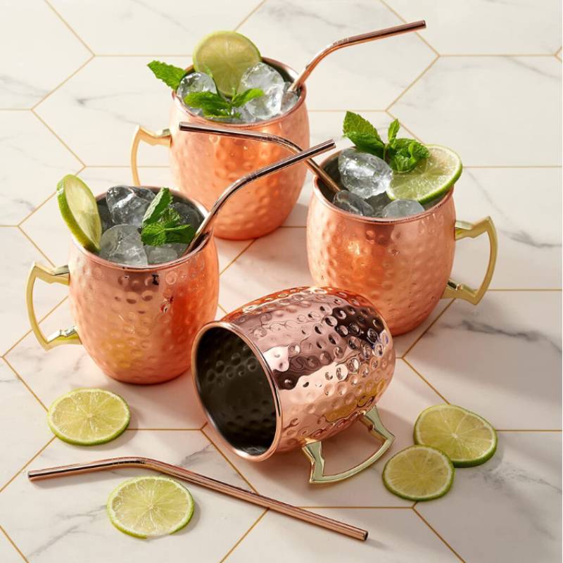 Rose Gold Cocktail Glass With Hammered Style And Stainless Steel Straw For Home Bar Decor