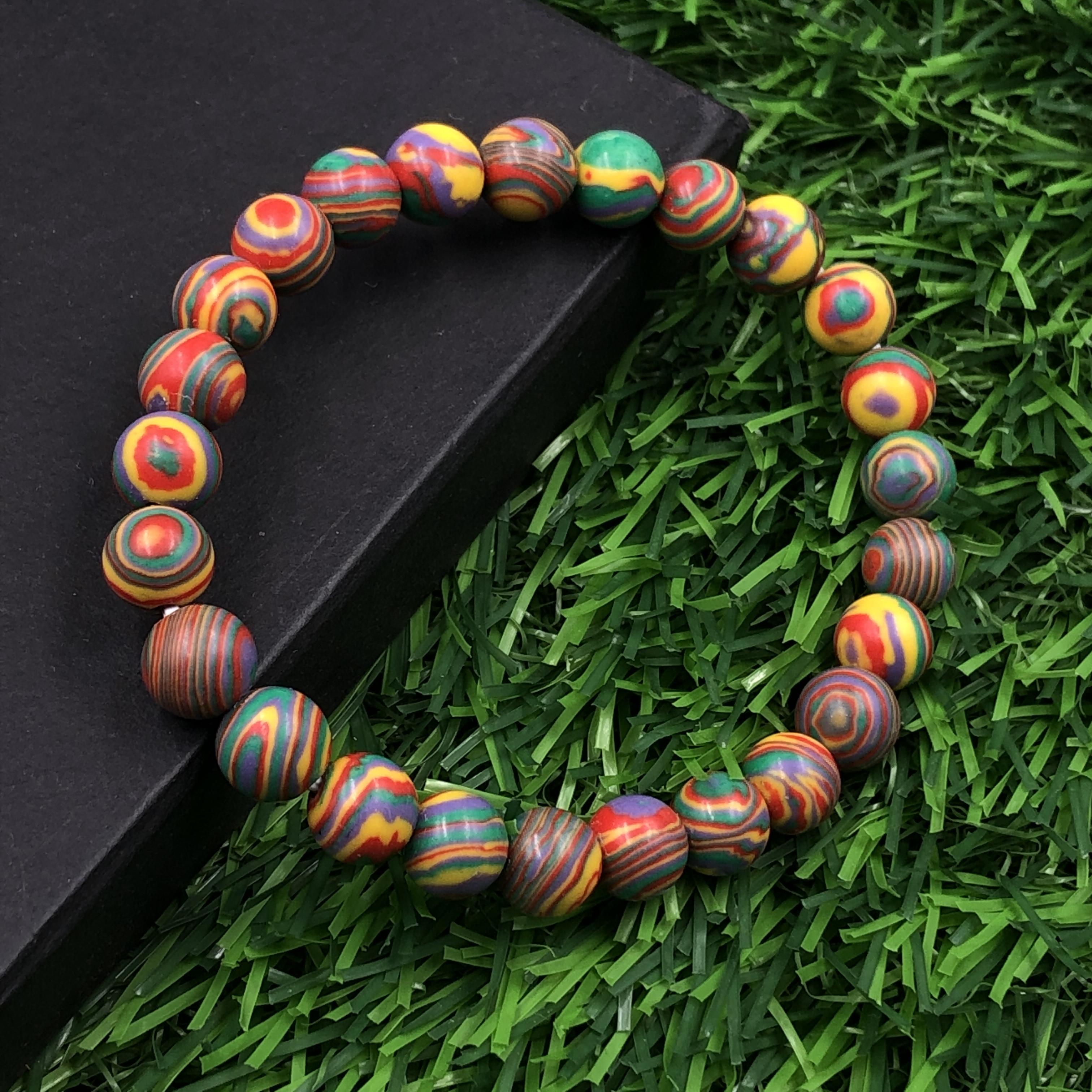 Браслет из бусин 8 мм Радужный Кальцисил 7,5  Браслет из камней смешанных цветов В подарок на годовщину RBB-82