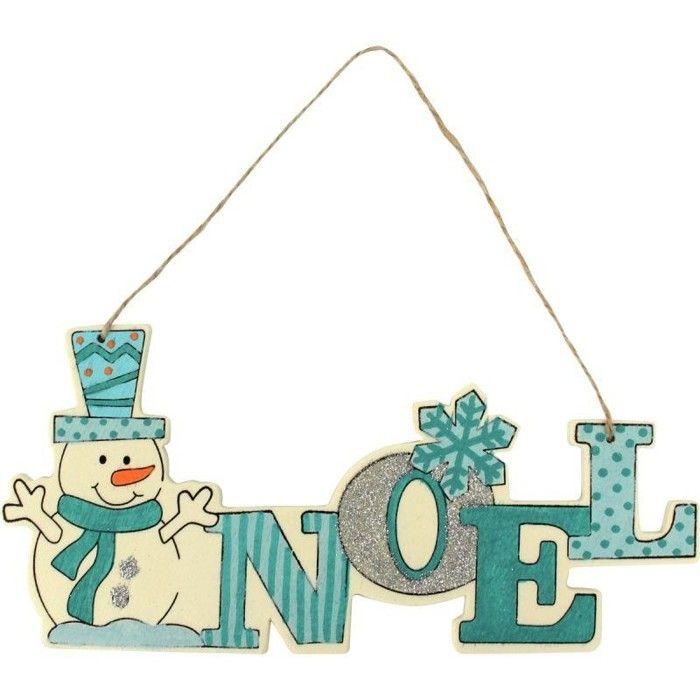 Mot "Noël" bonhomme de neige à suspendre bois brut fêtes fin année chalet