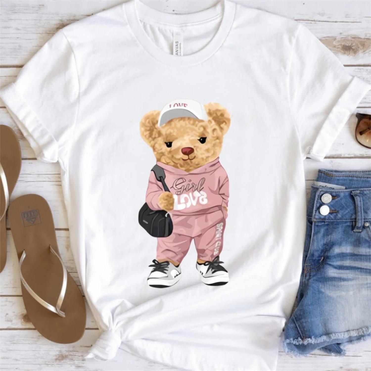 

Bear Fashion Casual Printed Summer Harajuku Women s Cartoon Short Sleeve Basic Round Neck Women s Fun Casual Style T-Shirt XXXXXL білий