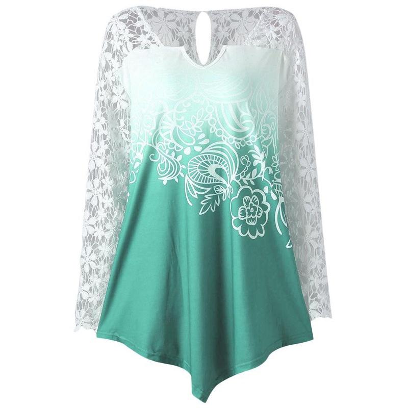 Stylish Plus Size Fashion Blouse For Women Featuring Sexy Lace And Ombre Print