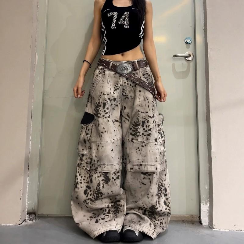 Unisex Wide-Leg Cargo Jeans With Leopard Print Patchwork Relaxed Fit Streetwear Denim Pants
