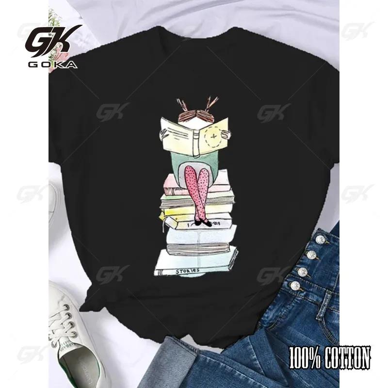 Coffee Books Brown Books American Retro Cotton T Shirt Woman Round Neck Half Sleeve T-shirts Printed Tops Woman Oversized Tees