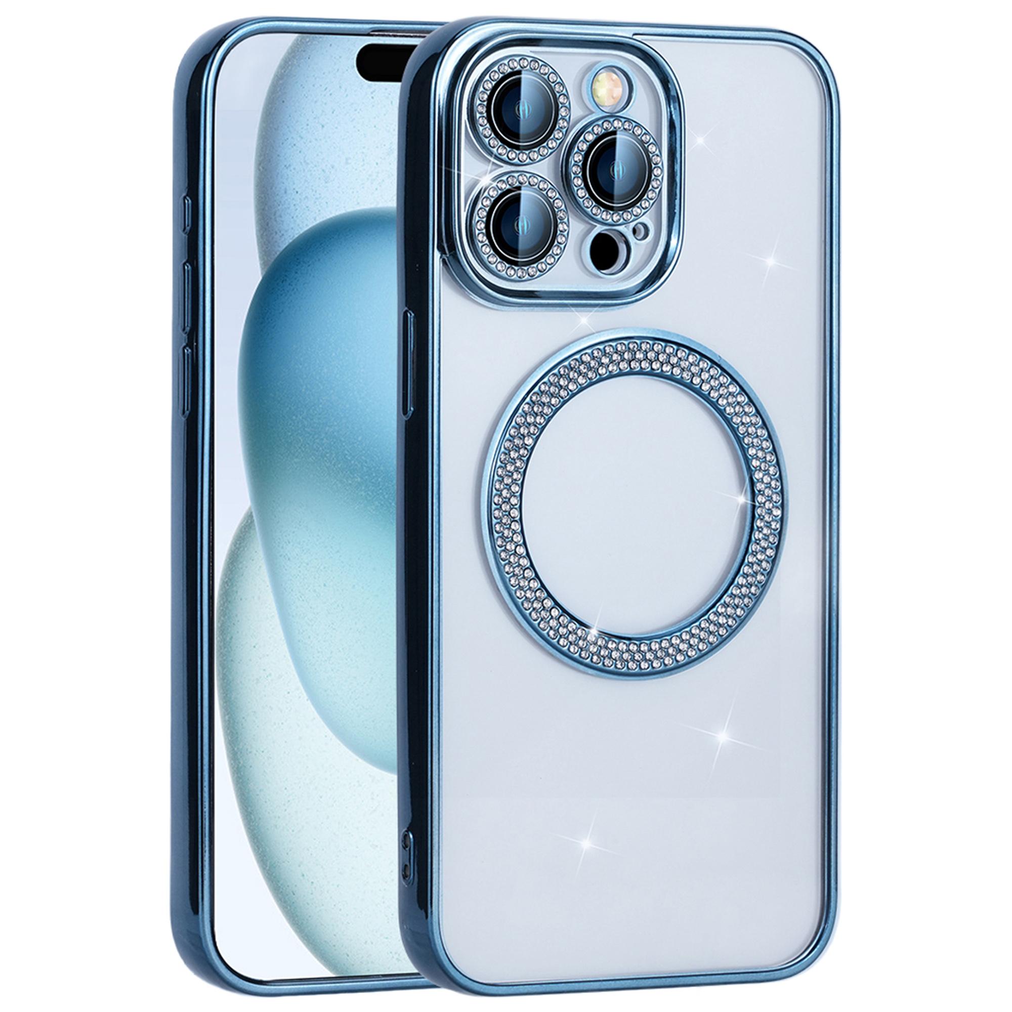

For iPhone 16 Pro Max Magnetic Case Bling Rhinestone Clear TPU+PC Phone Cover Blue