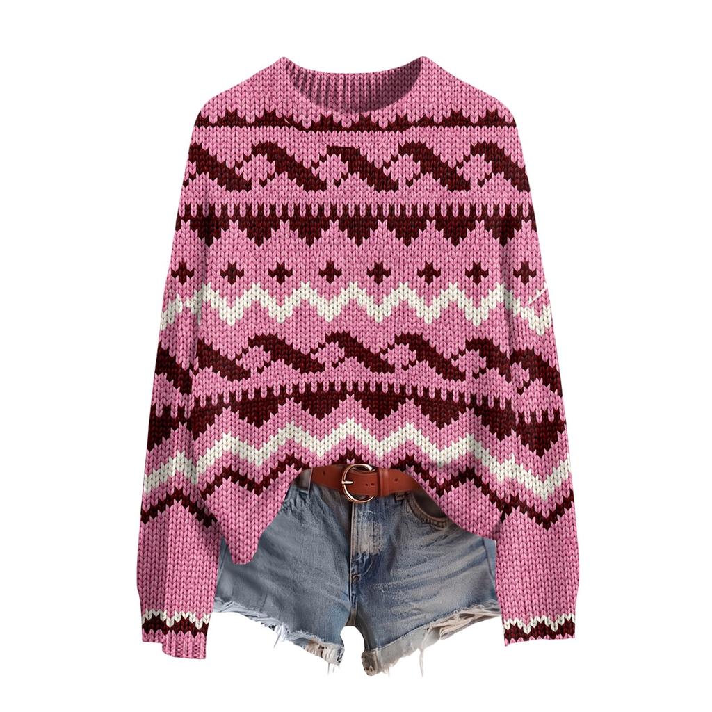 Women's Fashion Soft Long Sleeve Printed Neck Pullover Sweater for Fall Winter