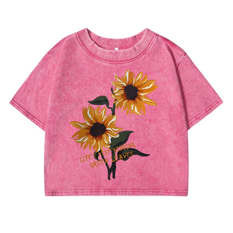 Retro Floral Printing Women Washed Short Clothing Breathable T-Shirt Street Fashion Tops Midriff-Baring O-Neck Tshirt