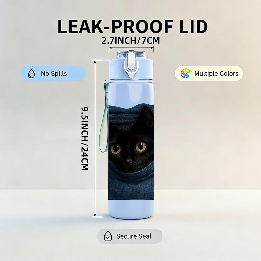 1PC Black Cat Jean Pocket Peeking 750ml Color Plastic Sports Water Bottle Leakproof Flip Straw Lid Suitable for Sports Office Home Use