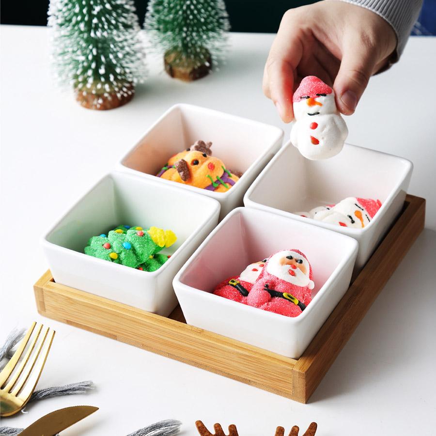 MUZITY Keramik Dessertteller Quadratische Form Obstteller Mit Bambus- und Holztablett Porzellan Kuchen- oder Süßigkeitenteller