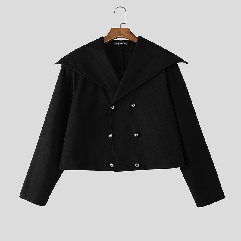 

INCERUN Autumn Winter Men Big Lapel Long Sleeve Melton Cropped Coats Outwear S чёрный