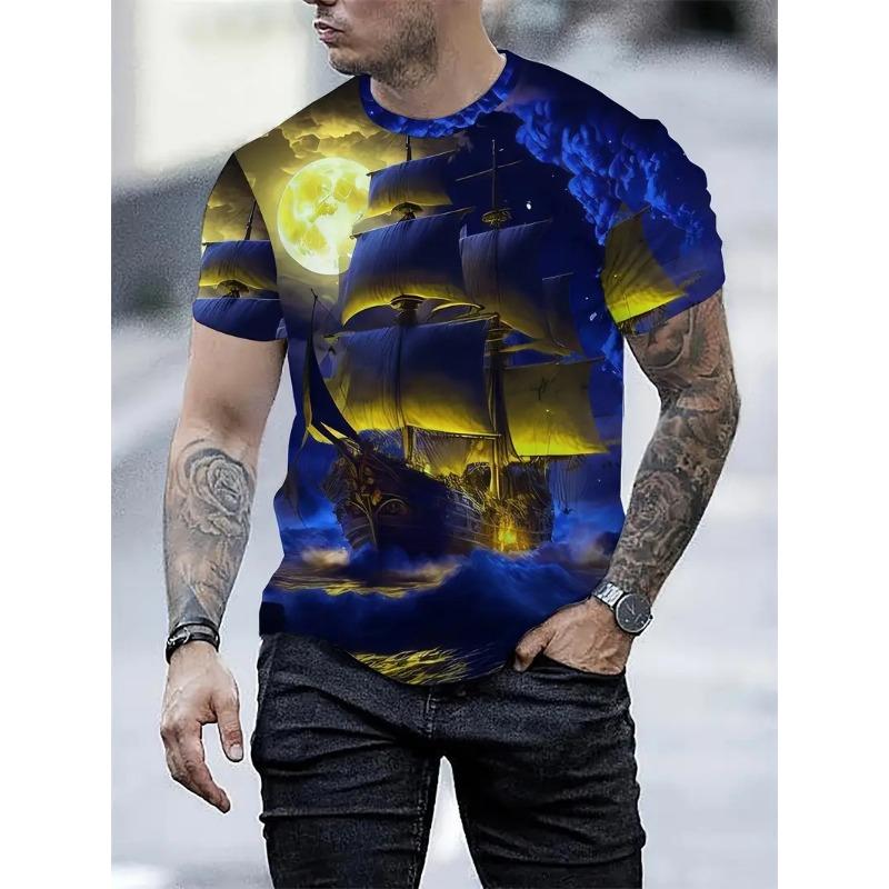 Summer Round Neck 3D Fun Cartoon Patterns Print Top Fashionable Casual Short Sleeved Men's T-shirts