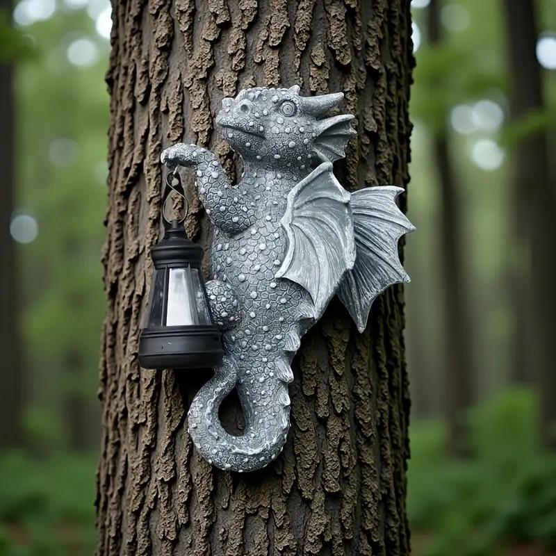 Solar- Dragon Tree Hugger Garden Statue - Glowing Resin Dragon Figurine Night Light with Solar Lantern, Outdoor/ Wall/Fence