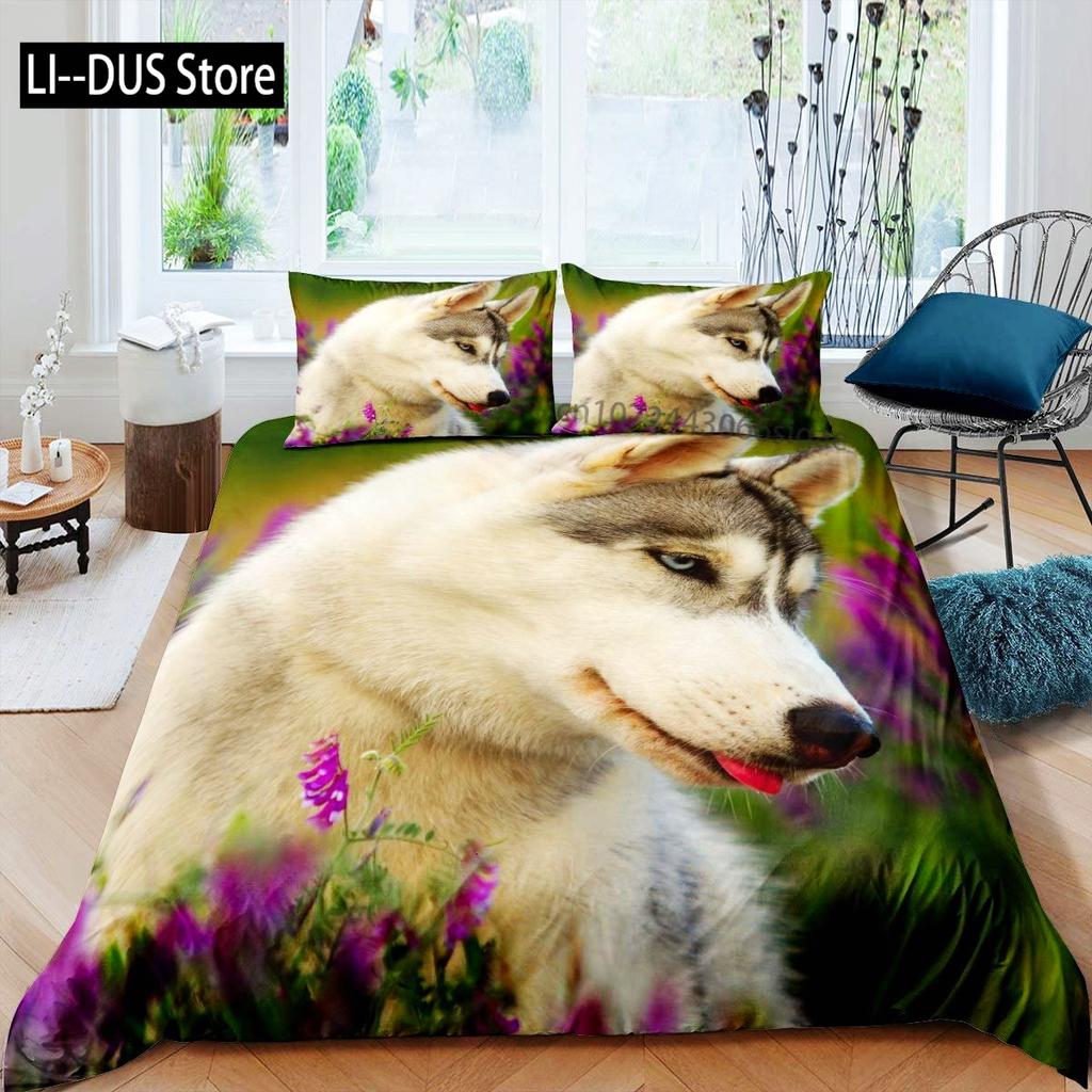 Copripiumino Husky Cucciolo Animale Domestico Fiore Floreale Giungla Paesaggio Naturale Set Biancheria da Letto Animali Carini Poliestere Matrimoniale Queen King Copripiumino