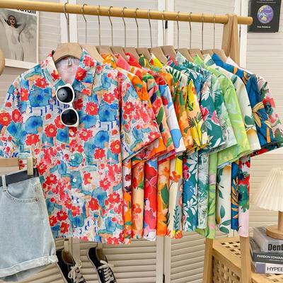 Hong Kong Style Retro Flower Shirt with Small Floral Loose Print Design Top Beach Short Sleeve Student