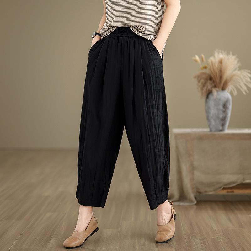 

2025 summer new literary and versatile solid color elastic waist casual pants women s light and breathable temperament drape nine-point pants Large size L чорний