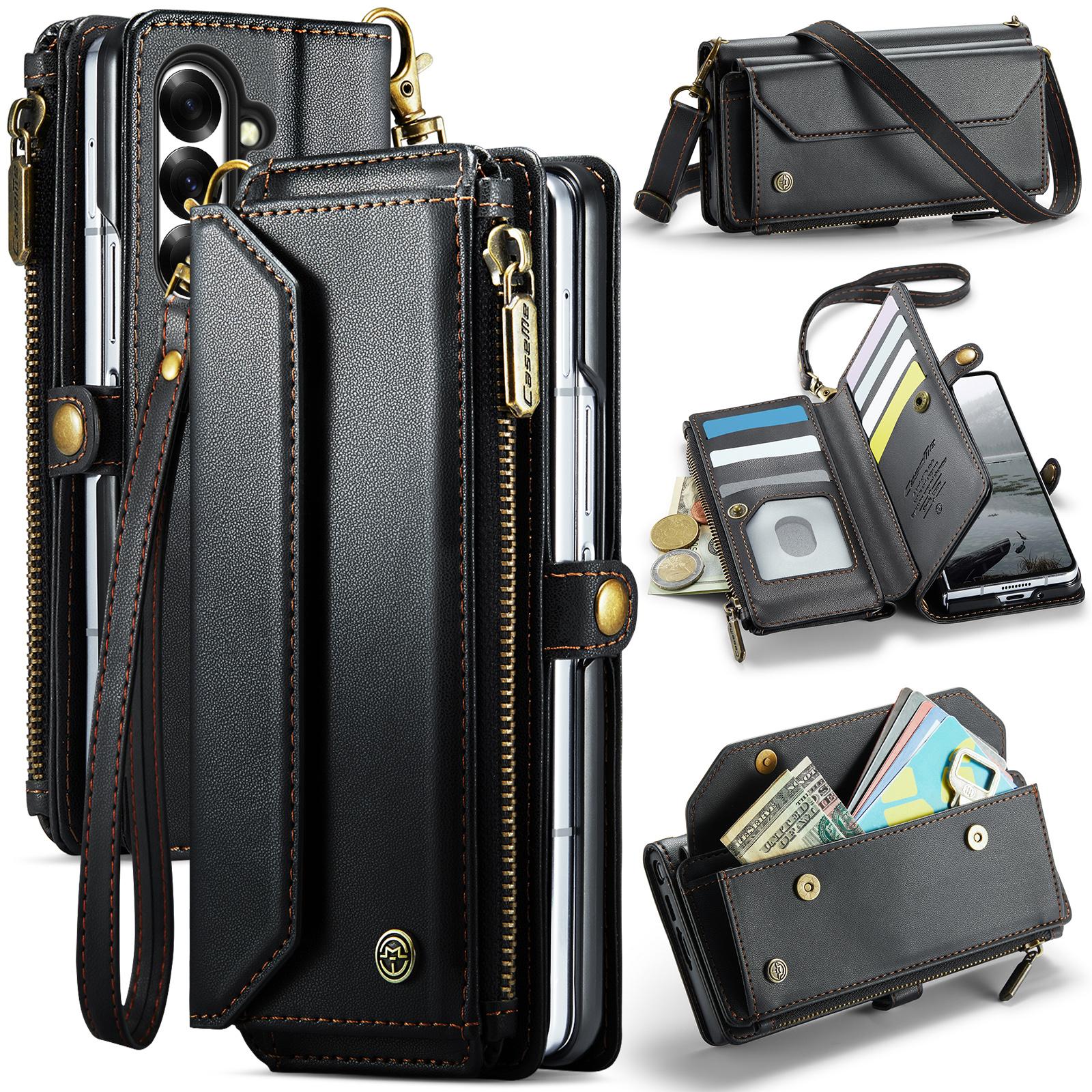 

For Samsung Galaxy Z Fold7 5G Leather Case CASEME C36 Zipper 10 Card Slots Phone Cover with Straps