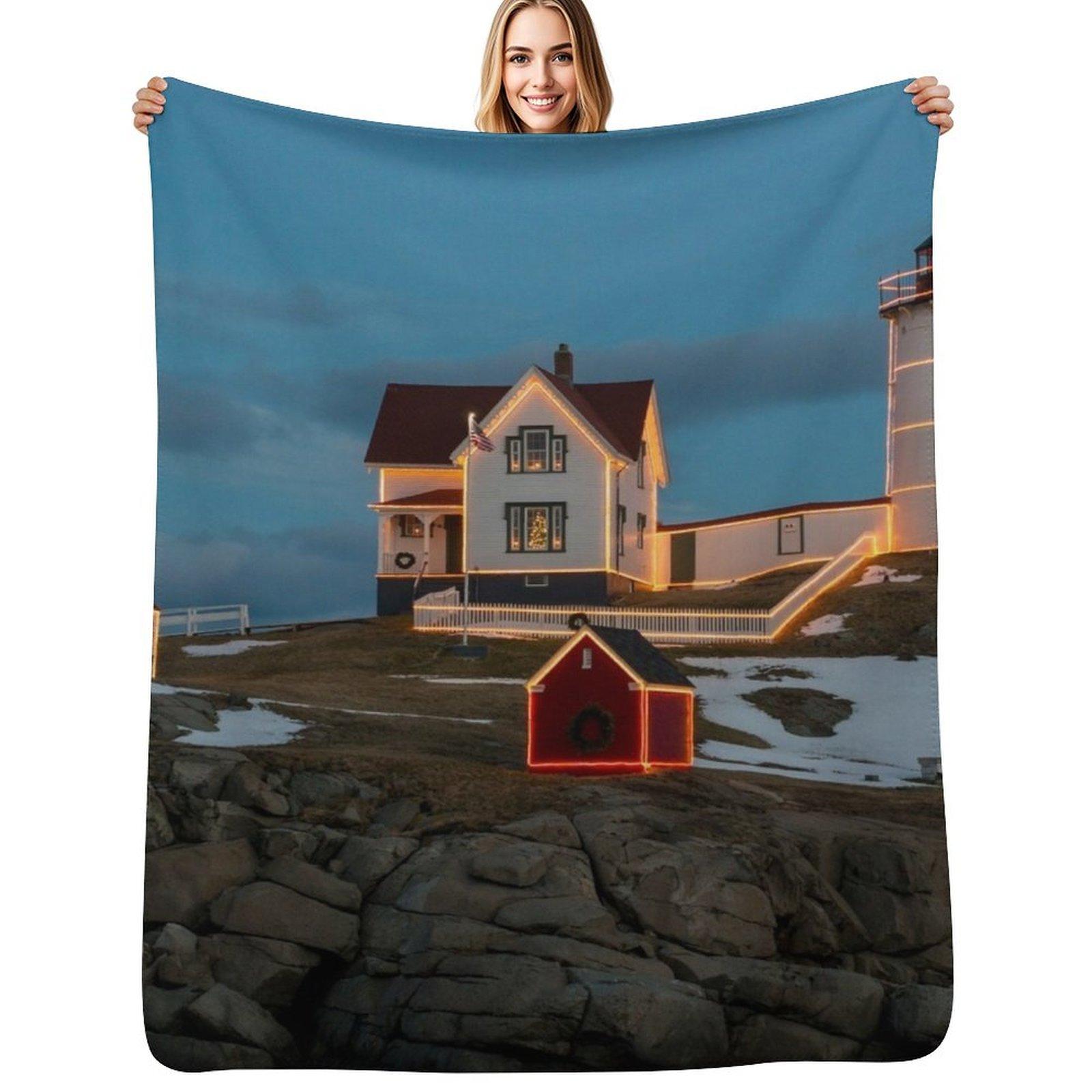 Nubble Lighthouse, York, Maine Jigsaw Throw Blanket Breathable Lightweight Blanket for Adults Kids Size: 75*100cm, Weight: 230 GSM