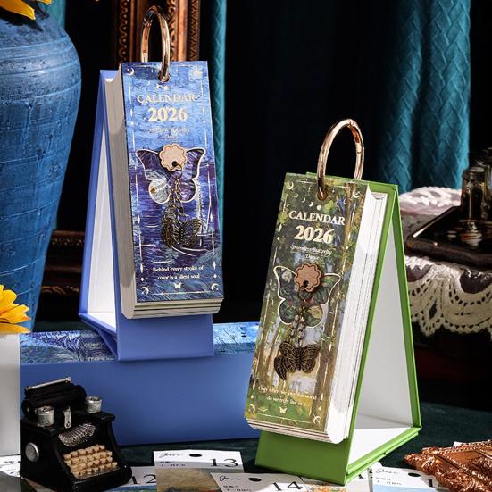 2026 Vintage European Style Oil Painting Flip Calendar Desktop Flip Calendar with Butterfly Charm Aesthetic Desk Organizer for Home Living Room Decor