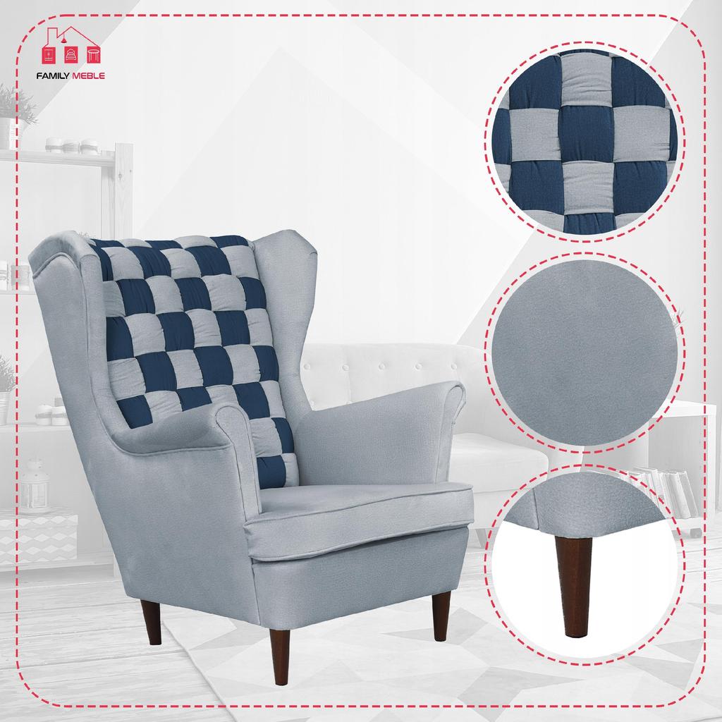 Carol Duo Scandinavian Family Meble Wing Chair, Grey Navy Blue, Steel