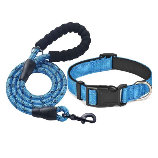 

Комплект из светоотражающего ошейника и поводка для собак, 5-футовый нейлоновый ошейник для домашних животных с мягкой неопреновой подкладкой для маленьких, средних и больших собак L синий