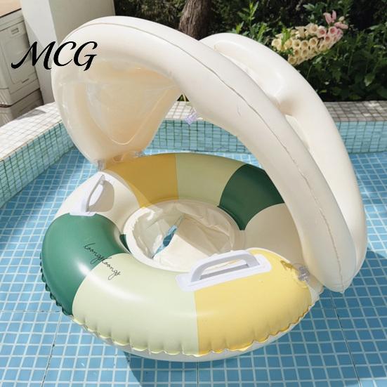 Aufblasbarer Schwimmring Baby mit abnehmbarem Verdeck, Gestreifter Pool Schwimmring Sitz Schwimmgriff, Sonnenschutz Schwimmen für Kleinkinder Kleinkind