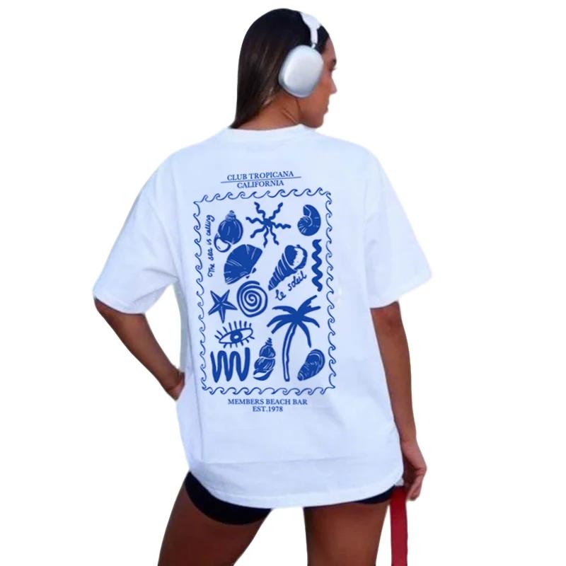 

Back Print Coastal Beach T Shirt Cute Y2k Seashell Graphic Tees Loose Aesthetic Retro Boho Vacation Tops Cotton Womens Clothing S