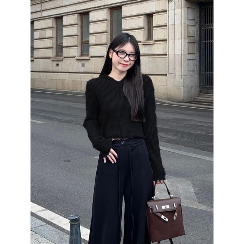 Grey hooded knitted sweater women's autumn and winter can wear bottoming shirt lazy short top