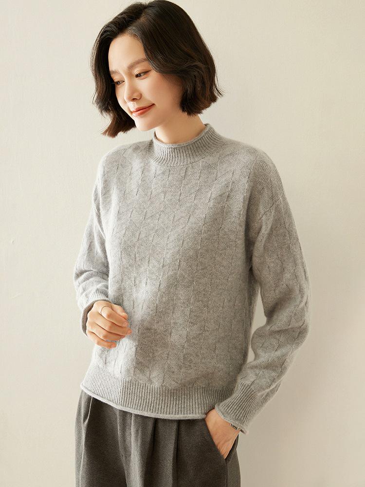 Rolled-Edge Semi-High Neck Cashmere Sweater, 2025 Autumn/Winter Women's Jacquard Knit Pullover