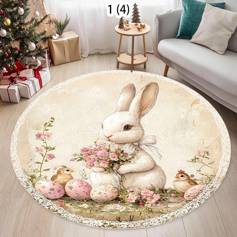 

Vintage Easter Bunny Round Area Rug with Floral and Egg Patterns Soft Non Slip Floor Carpet for Nursery Living Room 60cm
