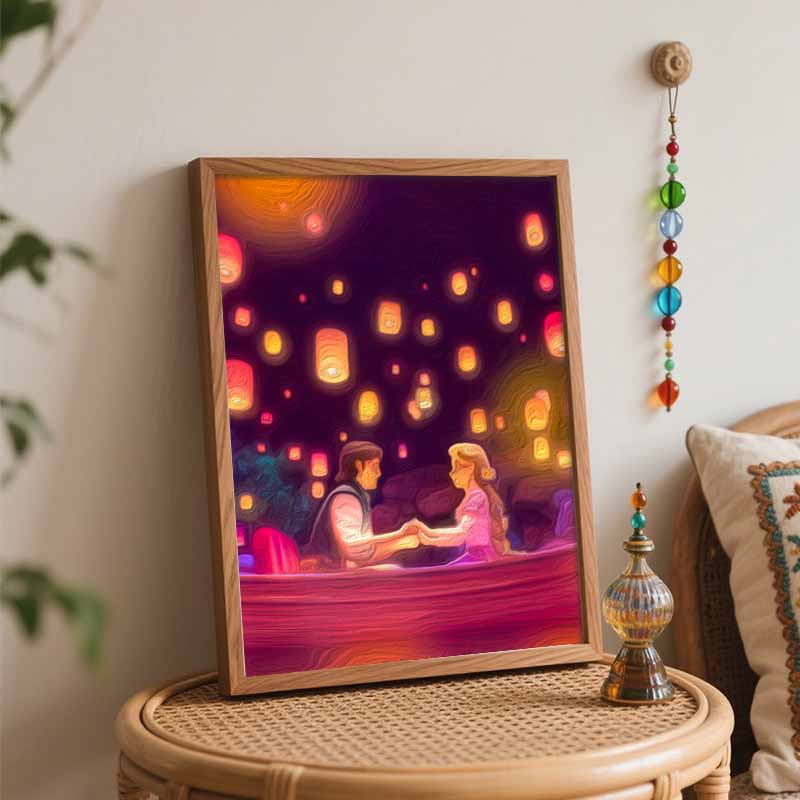 Disney Oil Painting DIY Digital Painting Tangled Romantic Floating Lanterns Scene HandPainted Wall Art for Living Room Entryway.
