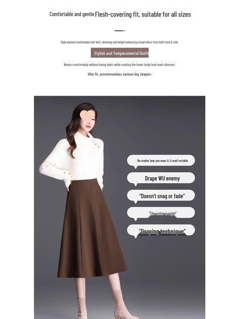 Autumn/Winter High-Waist A-Line Wool Skirt for Middle-Aged Women - Slimming Wide-Hem Pleated Skirt