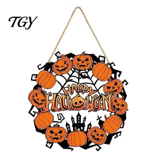 Fall Front Porch Signs Halloween Wooden Wreath Door Hanger Sign, Pumpkin Ghost Black Cat Witch Weatherproof Wall Decorations Bat Patterns, Hanging