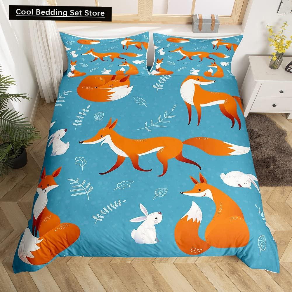 Kids Cartoon Animal Zebra Giraffe Fox Kangaroo King Queen Duvet Cover Boy Girl Rabbit Wildlife Bedding Set Polyester Quilt Cover