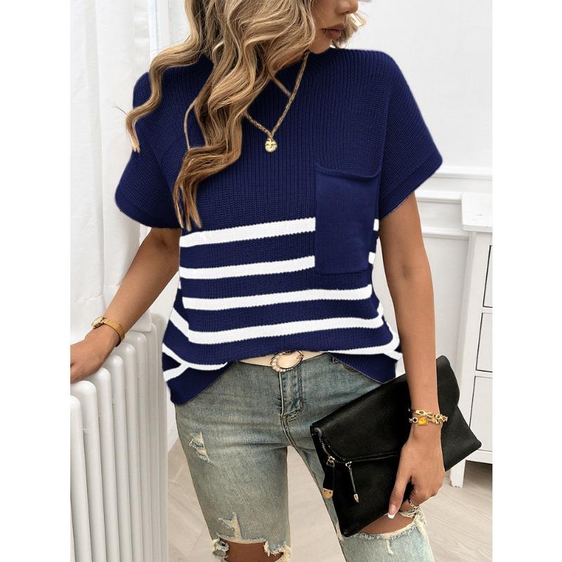Tops Women's Elegant Round Neck Striped Contrast Short-sleeved Sweater