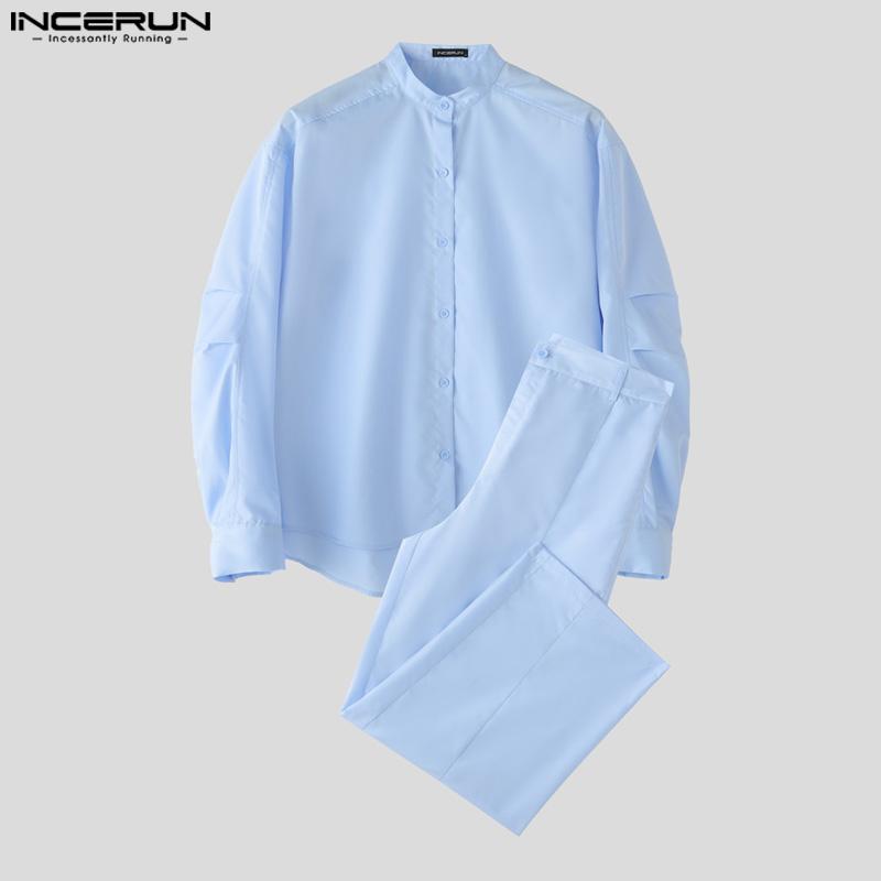 INCERUN Two Piece Suit Men Stand Neck Long Sleeve Shirts Trousers Casual Sets