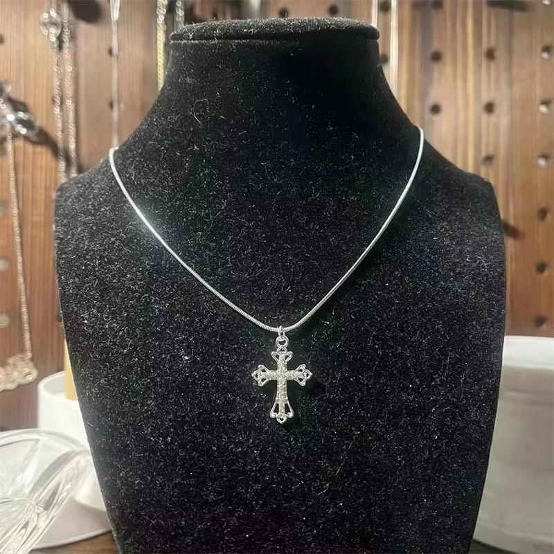 Handmade Gothic Stainless Steel Snake Cord Necklace With Mini Rhinestone Cross Pendant