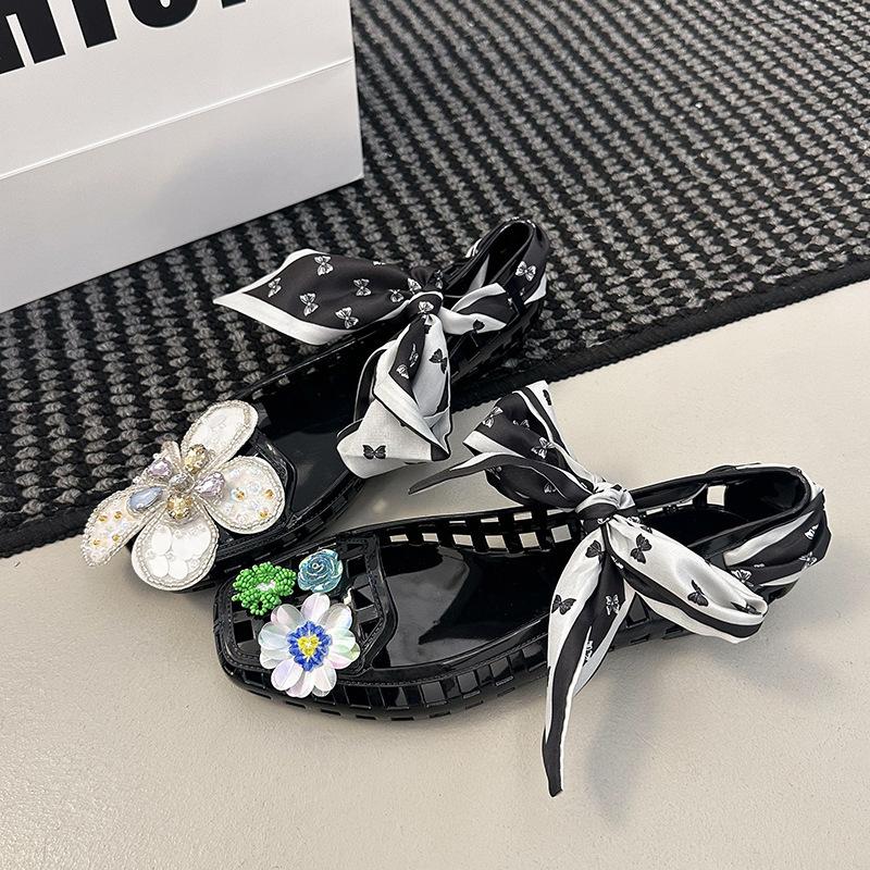 

Хрустальные туфли прозрачные сандалии с квадратным носком и цветком с бриллиантами, ретро вечерние туфли для женщин, весенне-летняя уличная обувь на тонкой подошве 40 чёрный