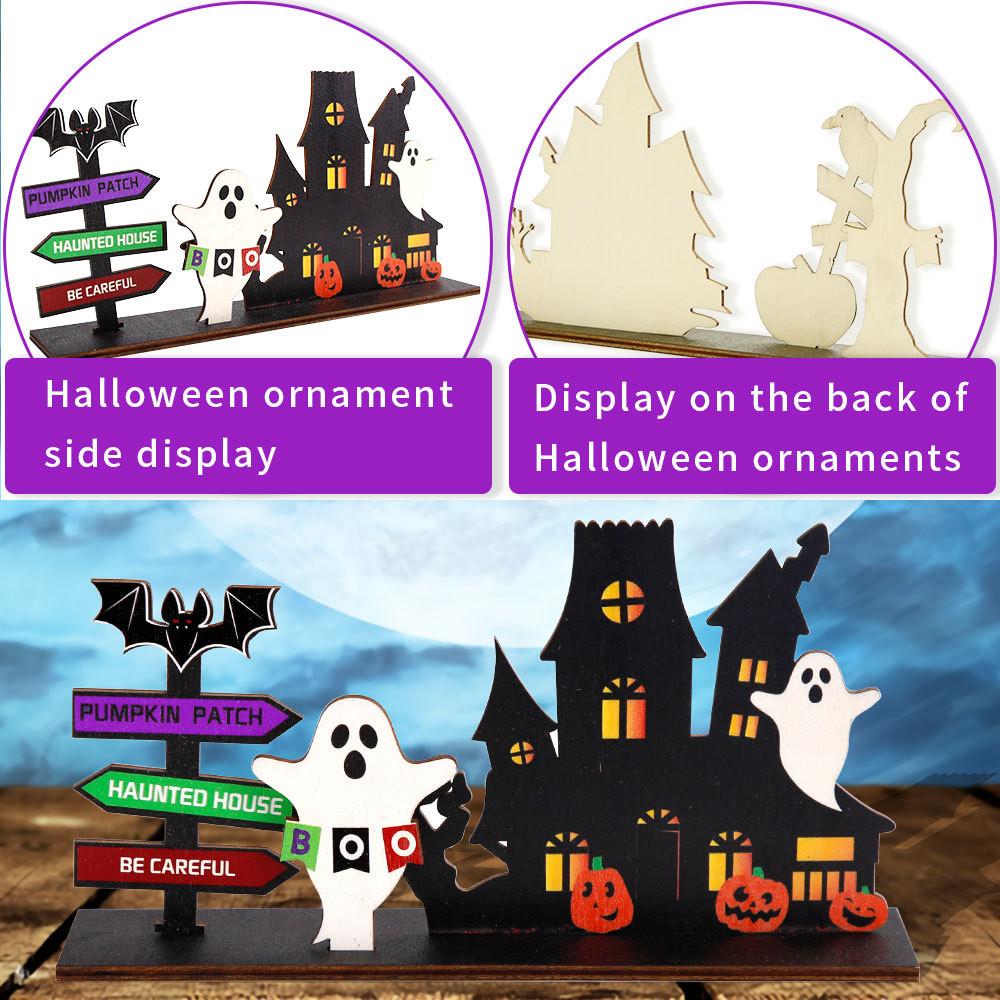 Festive Halloween Wooden Castle Tabletop Decor With Colorful Pumpkins And Ghosts