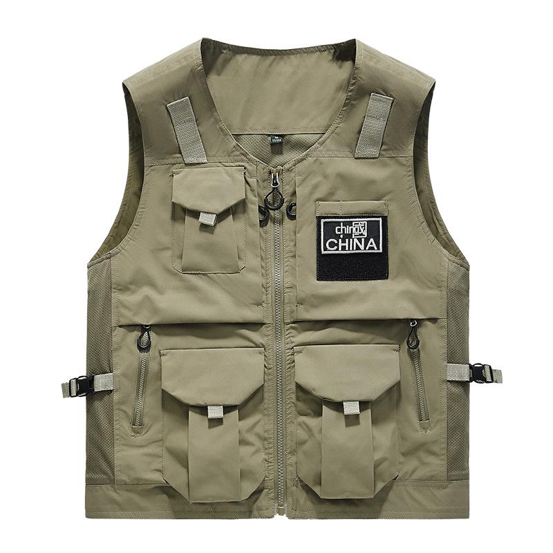Herrenweste im chinesischen Stil Herbst Outdoor Tarnung Dreidimensionale aufgesetzte Tasche Stehkragen Lässige Arbeitsweste Jacke
