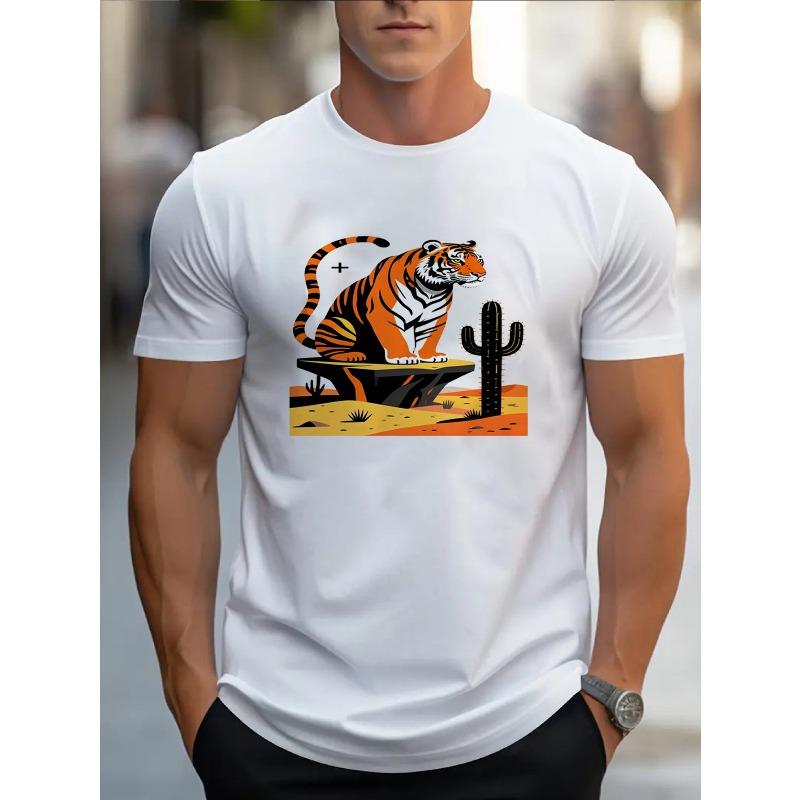 Men'S T-Shirt Featuring an Illustration of a Tiger And a Cactus, Stylish Adult Tee with a Trendy Short Sleeve Design for Casual Wear